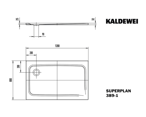 Kaldewei Superplan 389-1 Receveur de douche plan technique avec dimensions