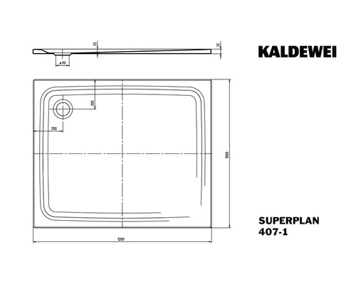 Schéma du receveur de douche Kaldewei Superplan avec dimensions