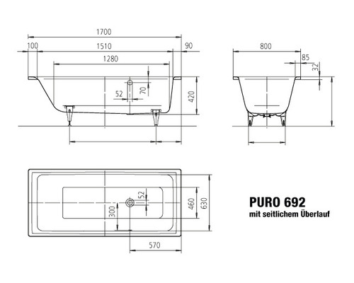 Dessin technique d''une baignoire avec trop-plein latéral et indications de dimensions.