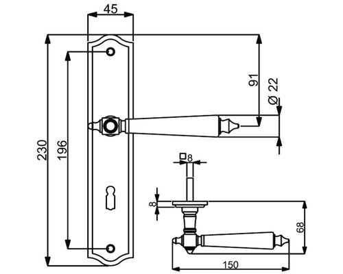 Schéma technique d''une poignée de porte avec plaque longue et indications de dimensions