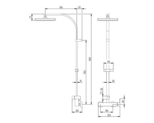 Dessin technique d''un ensemble de douche avec dimensions