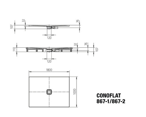 Schéma technique du receveur de douche Conoflat avec dimensions