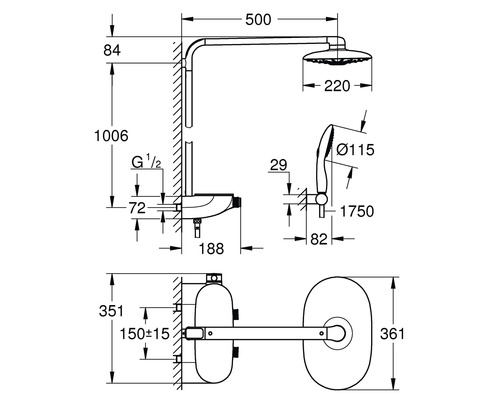 Technische Zeichnung einer Duscharmatur mit Maßangaben