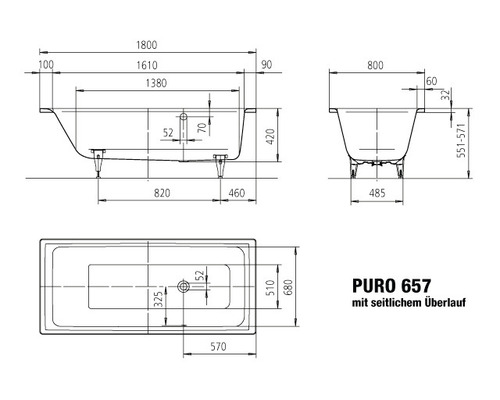Technische Zeichnung einer Badewanne mit seitlichem Überlauf und Maßangaben