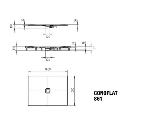 Schéma technique d''un receveur de douche Conoflat avec dimensions