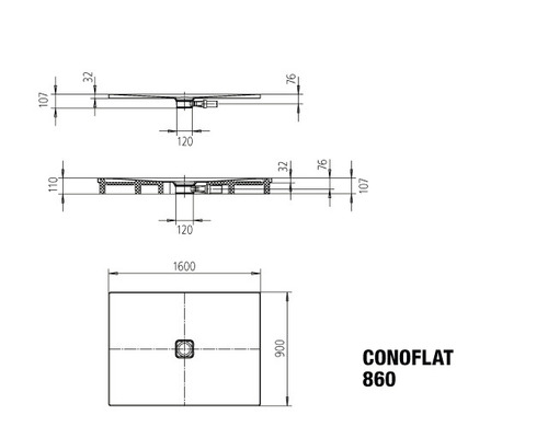 Schéma technique receveur de douche Conoflat 1600 x 900 mm