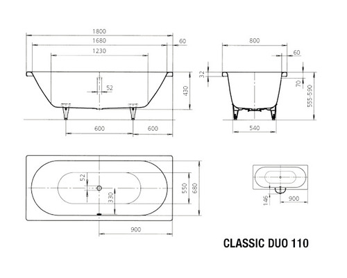 Technische Zeichnung der Badewanne Classic Duo 110 mit Maßangaben