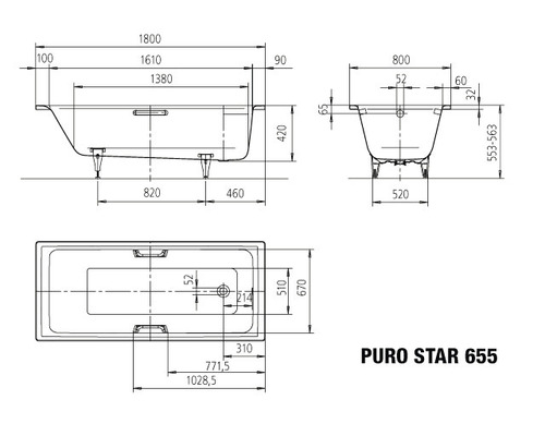 Schéma technique de la baignoire Puro Star 655 avec dimensions