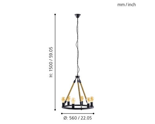 Suspension avec six ampoules, disposées en cercle, enveloppées de corde et dimensions.