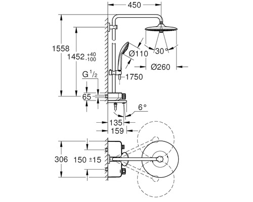 Technische Zeichnung einer Duschgarnitur mit Maßangaben