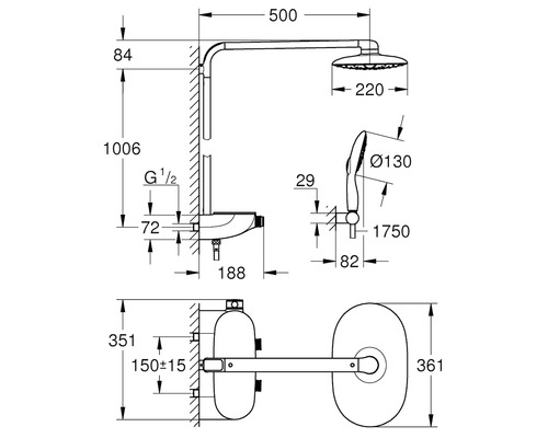Plan coté d''un ensemble de douche avec douche de tête et douchette à main
