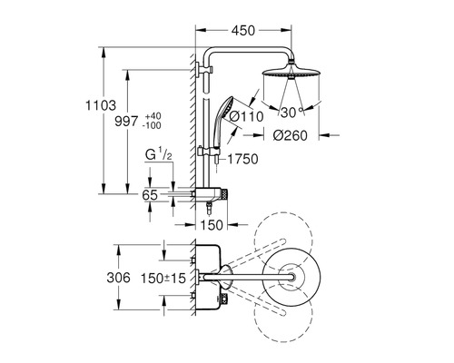 Schéma coté du système de douche avec douche de tête et douchette à main
