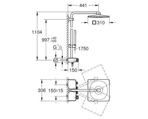 Masszeichnung Duschsystem mit Abmessungen