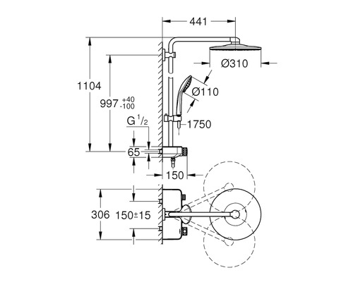 Schéma technique d''un système de douche avec dimensions