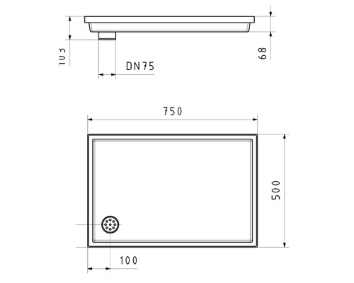 Dessin technique d''un receveur de douche mesurant 750 x 500 millimètres et un diamètre d''évacuation de DN75.