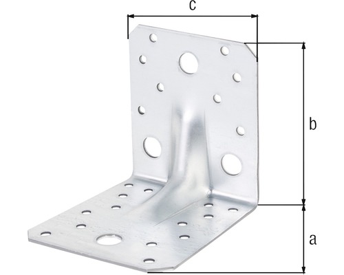 Équerre d''assemblage métallique avec trous et marquages a, b et c