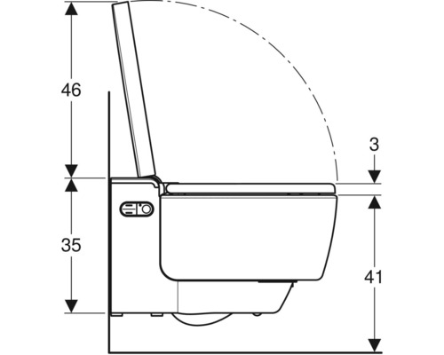 Schéma technique d''un WC suspendu avec fonction bidet et indications de dimensions correspondantes