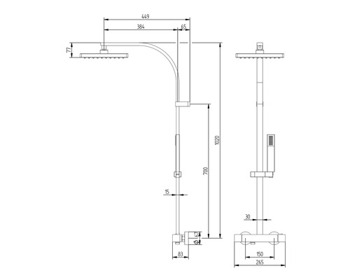 Technische Zeichnung einer Duscharmatur mit Maßangaben