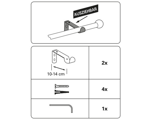 Abbildung einer ausziehbaren Gardinenstange mit Halterung, Schrauben und Werkzeug