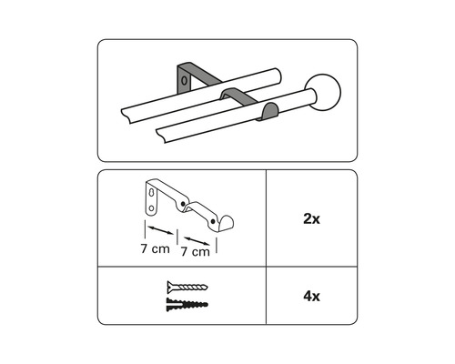 Illustration d''une tringle à rideaux double avec supports et accessoires de montage