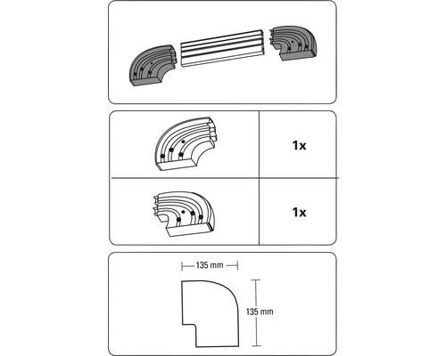 Installationsanleitung für Kabelkanal-Eckstücke, Abmessungen und Montageinformationen