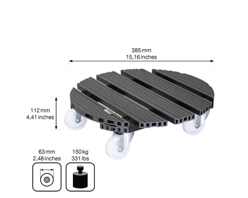 Chariot à plantes en plastique avec roulettes, diamètre 385 millimètres, capacité de charge 150 kilogrammes