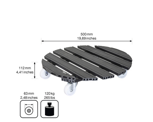 Support à plantes en plastique avec roulettes et dimensions