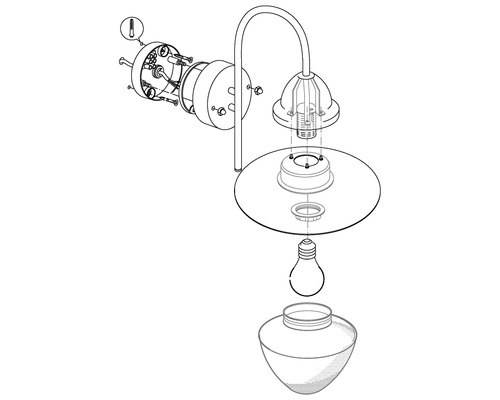 Explosionszeichnung einer Wandleuchte mit den dazugehörigen Bauteilen