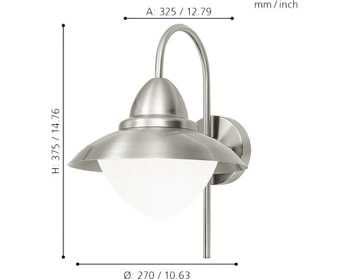 Edelstahl-Wandleuchte mit Maßen.