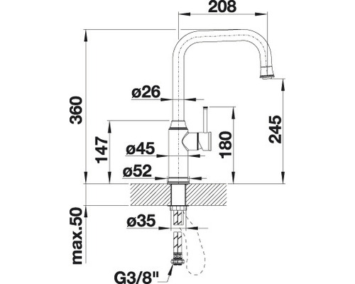 Masszeichnung einer Küchenarmatur mit den Massen 360, 208 und 245 Millimeter
