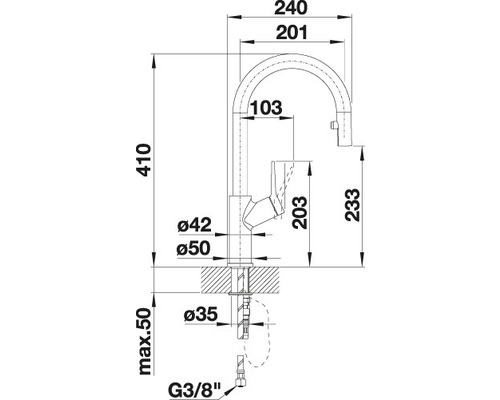 Dessin technique d''un robinet de cuisine avec dimensions