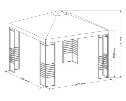 Dessin d''un pavillon de jardin mesurant 2970 millimètres sur 2970 millimètres et d''une hauteur de 2550 millimètres.