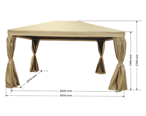 Pavillon mit Vorhängen und Massangaben