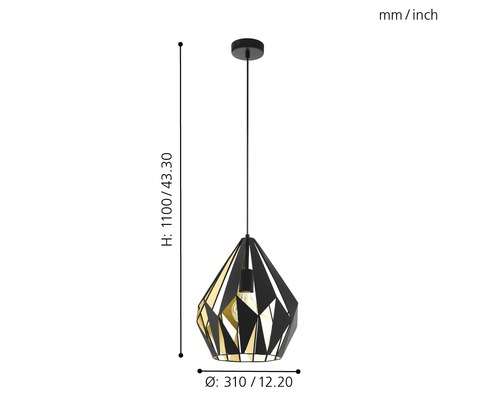 Hängelampe mit geometrischem Schirm und Höhenangabe 1100 Millimeter