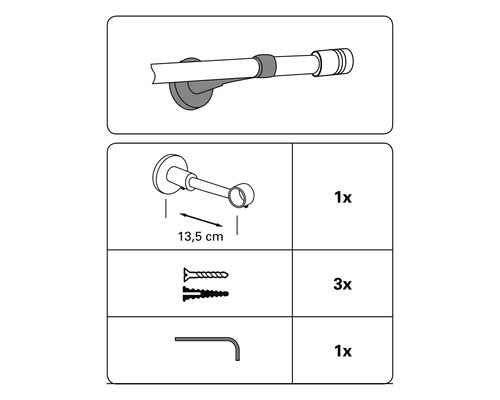 Composants du support de tringle à rideaux : support, trois vis, une clé à six pans