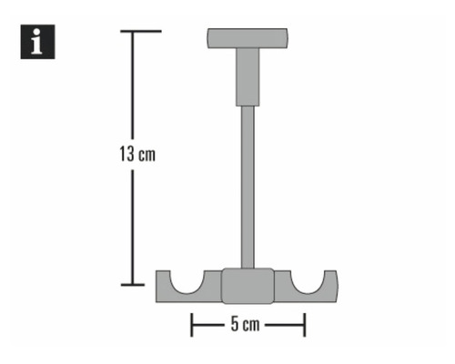 Technische Zeichnung eines Halters mit den Massen 13 cm Höhe und 5 cm Breite.