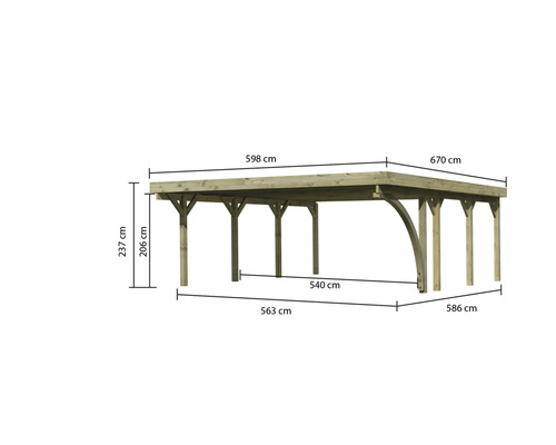 Abmessungen des Holzcarports mit Angaben zu Höhe, Breite und Tiefe