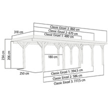 Abmessungen des Holzcarports mit den Maßen 234 cm Höhe, 318 cm Tiefe und 250 cm Pfostenabstand
