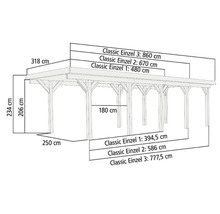 Abmessungen eines Holzcarports mit Angaben zu Höhe, Breite und Tiefe