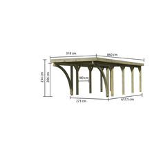 Abmessungen einer Holzpergola mit den Massangaben 318 Zentimeter, 860 Zentimeter, 234 Zentimeter, 206 Zentimeter, 180 Zentimeter, 273 Zentimeter und 657,5 Zentimeter.