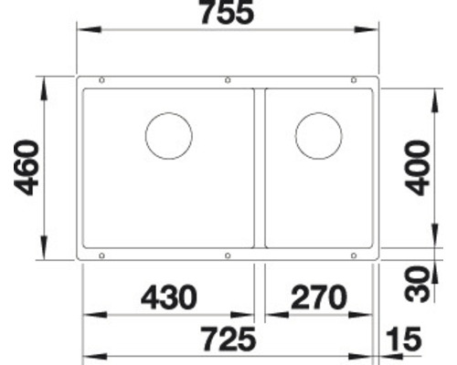 Maßzeichnung einer Küchenspüle mit zwei Becken und den Maßen 755 x 460 Millimeter.