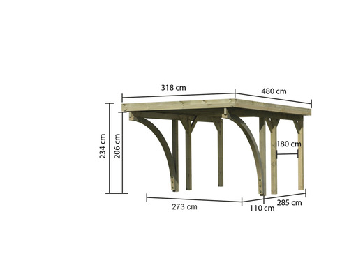 Dimensions d''une pergola en bois avec indication de la largeur, de la profondeur et de la hauteur.