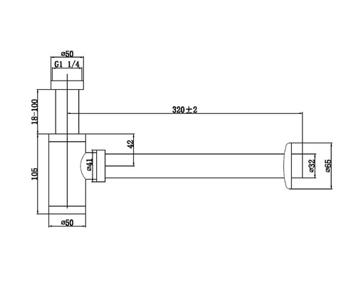 Technische Zeichnung eines Siphons mit Maßangaben