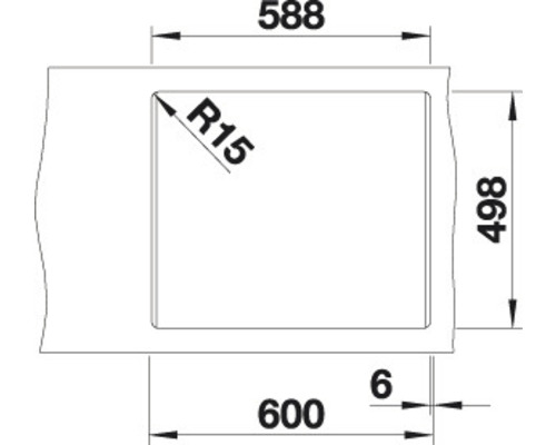 Technische Zeichnung einer Spüle mit Maßangaben in Millimetern