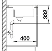 Technische Zeichnung einer Spüle mit den Maßen 332 und 400.
