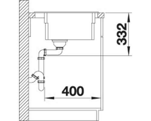 Technische Zeichnung einer Spüle mit den Maßen 332 und 400.