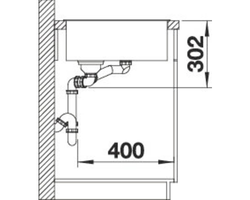 Schéma d''un évier avec les dimensions 302 et 400 mm.