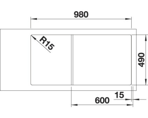 Technische Zeichnung eines Spülbeckens mit den Maßen 980 x 490 mm