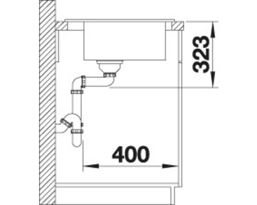 Schéma technique d''un évier avec les dimensions 323 et 400.