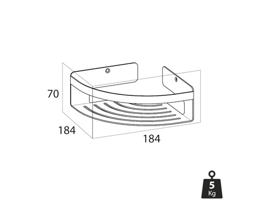 Étagère d''angle avec des dimensions de 184 x 184 x 70 millimètres et un poids de 5 kilogrammes.